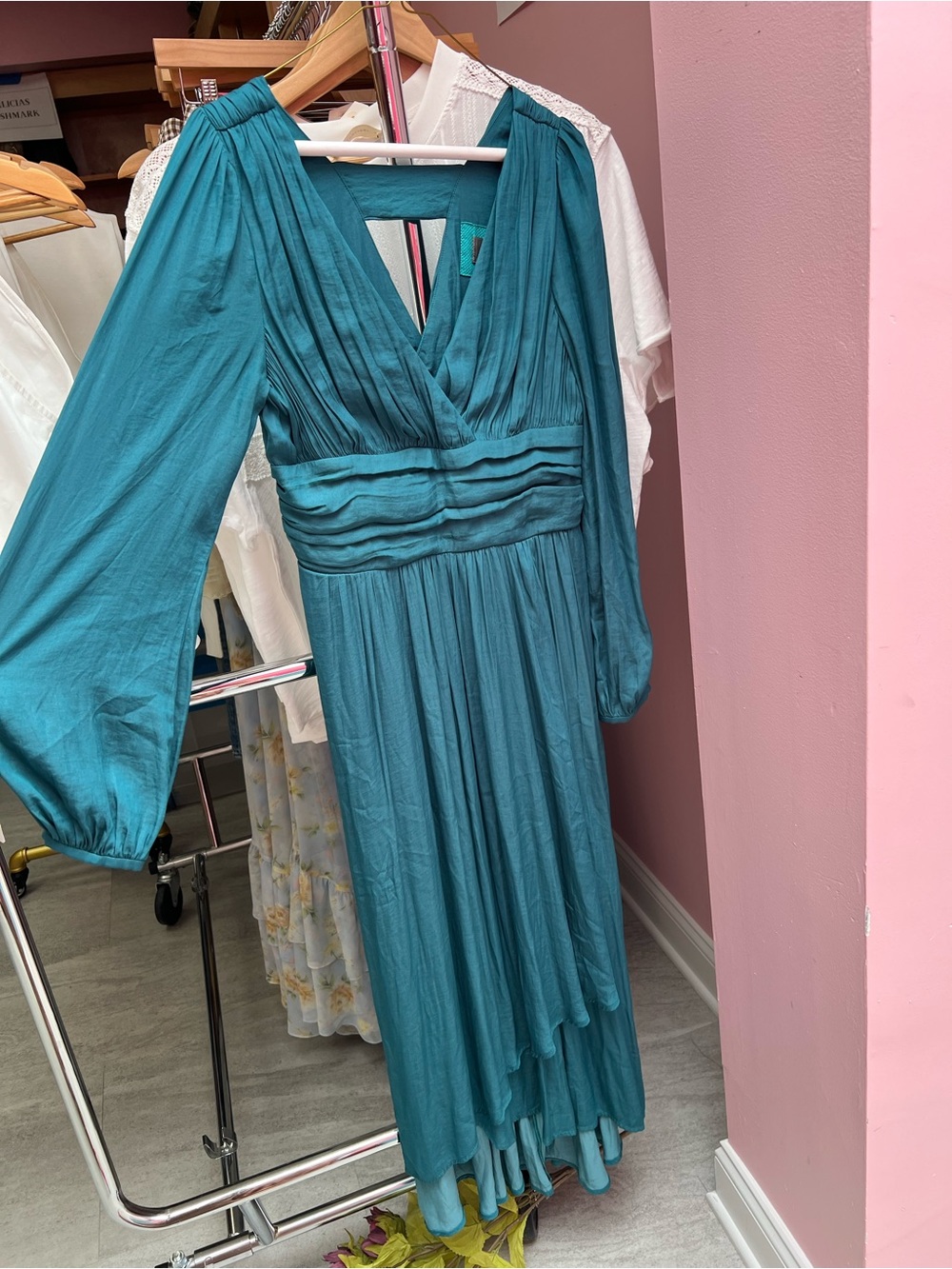 Anthropologie Teal Long-Sleeve Pleated V-Neck Maxi Dress
